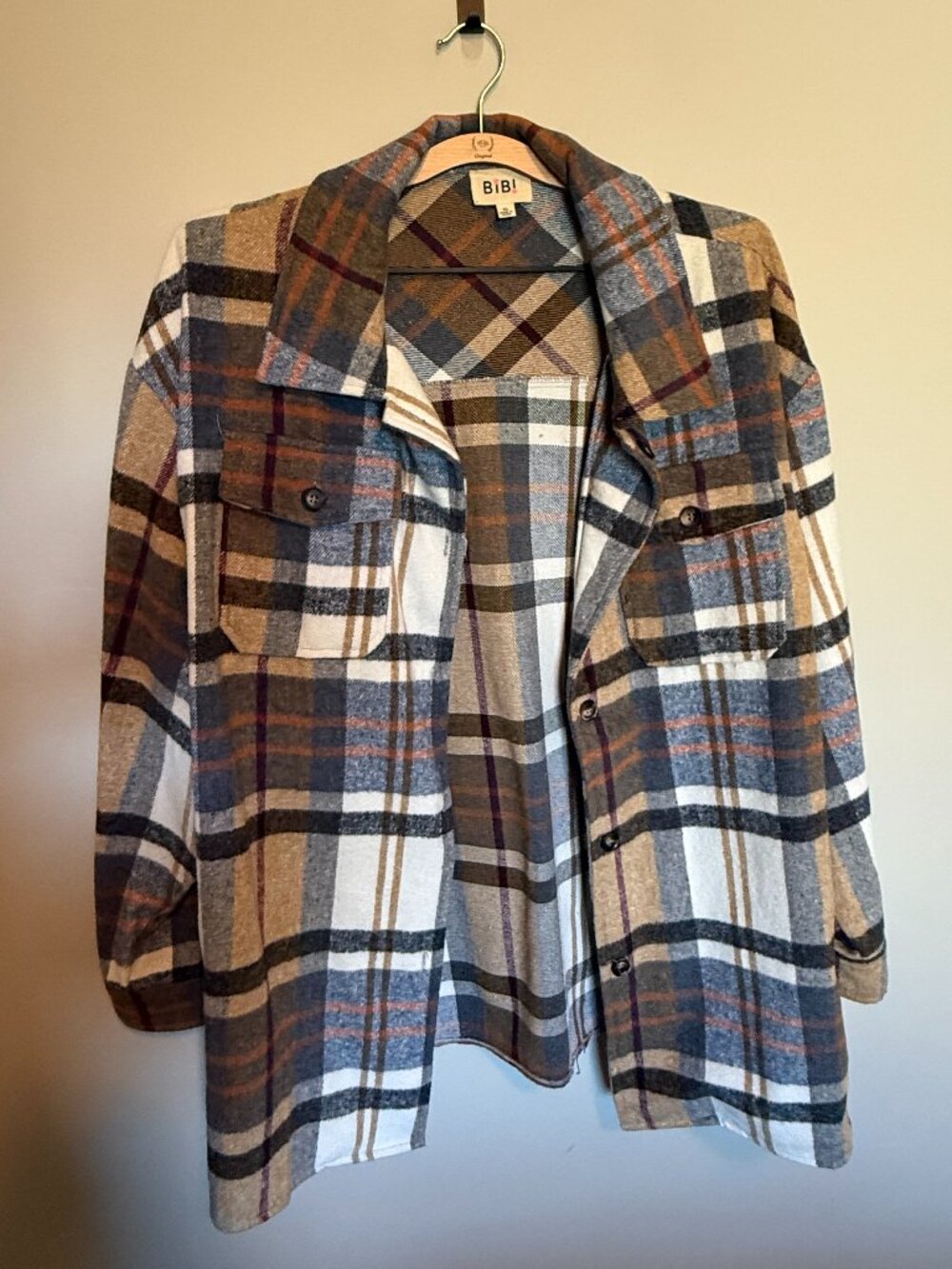 BiBi Plaid Flannel Shacket Oversized Button Front Shirt Jacket Size XL